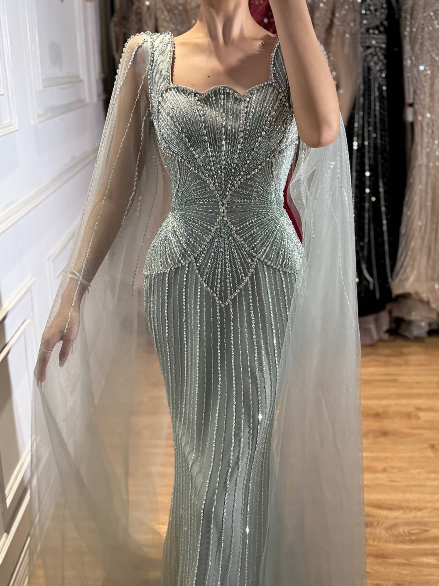 Luxury White Crystal Beaded Mermaid Gown with Split Cape Sleeves LA73333B SERENE HILL