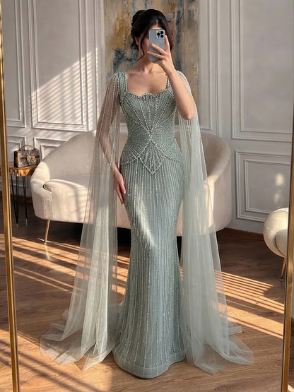 Luxury White Crystal Beaded Mermaid Gown with Split Cape Sleeves LA73333B SERENE HILL