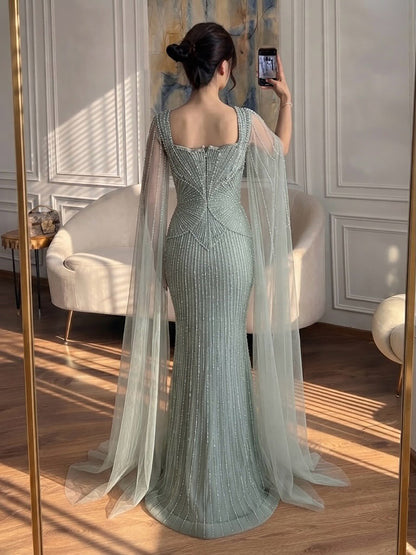 Luxury White Crystal Beaded Mermaid Gown with Split Cape Sleeves LA73333B SERENE HILL