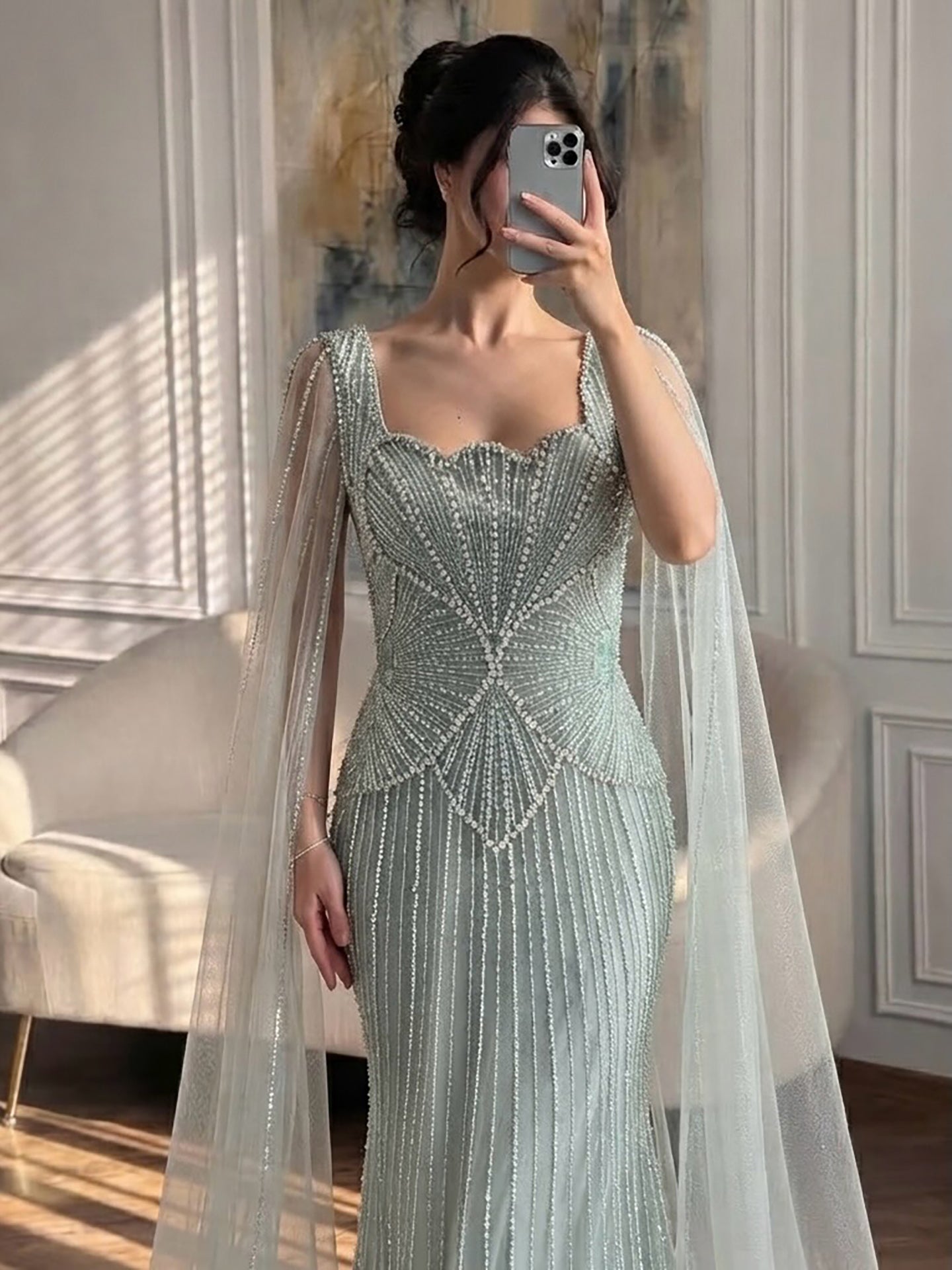 Luxury White Crystal Beaded Mermaid Gown with Split Cape Sleeves LA73333B SERENE HILL