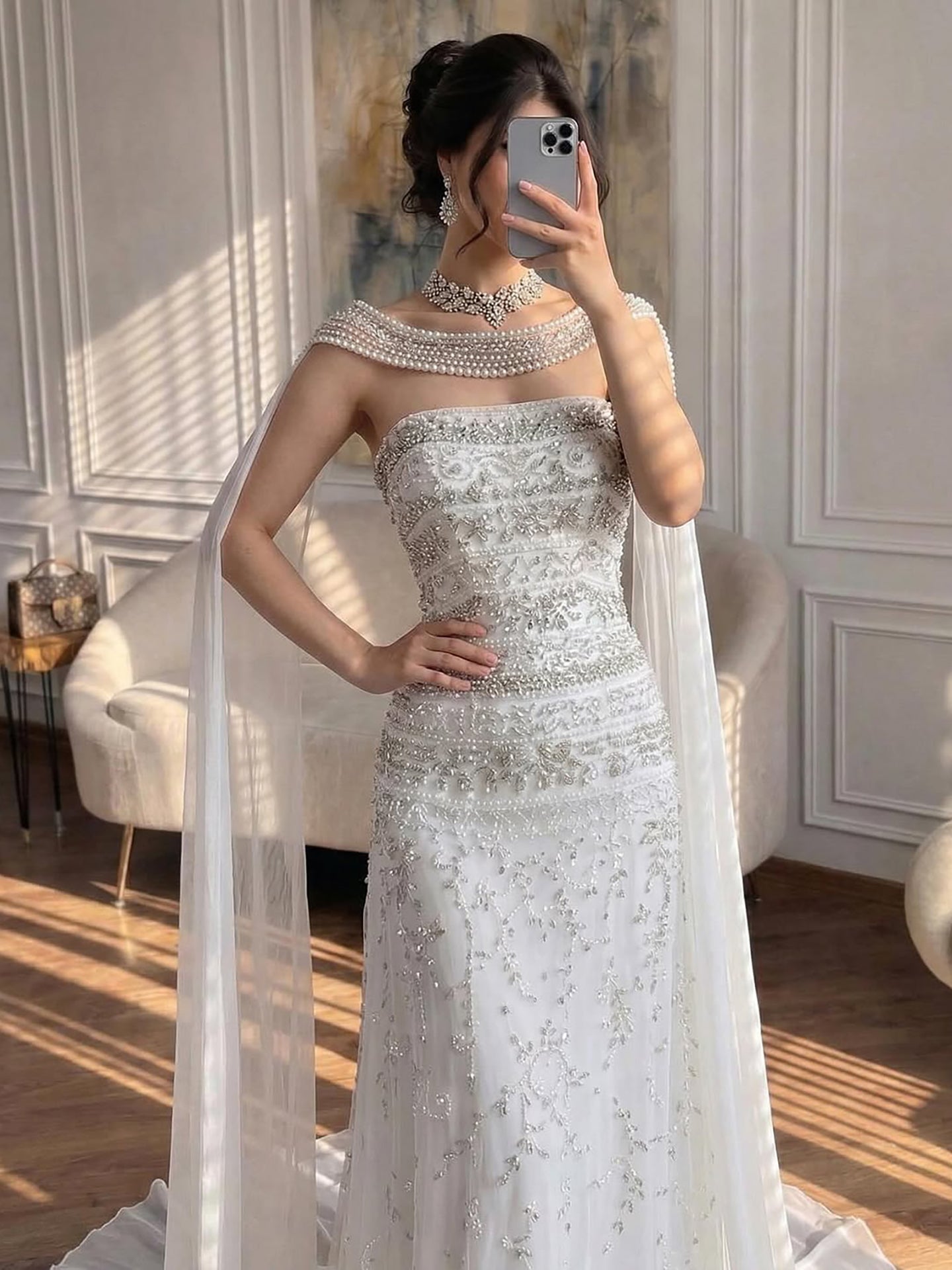 Luxury White Crystal Beaded Strapless Cape Evening Dress LA73334 - SERENE  HILL