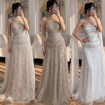 Luxury White Crystal Beaded Strapless Cape Evening Dress LA73334 SERENE HILL