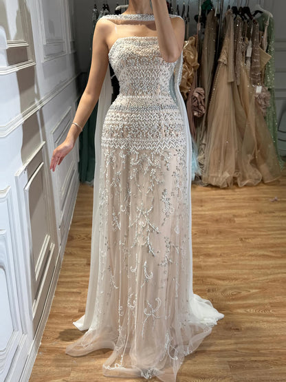 Luxury White Crystal Beaded Strapless Cape Evening Dress LA73334 SERENE HILL
