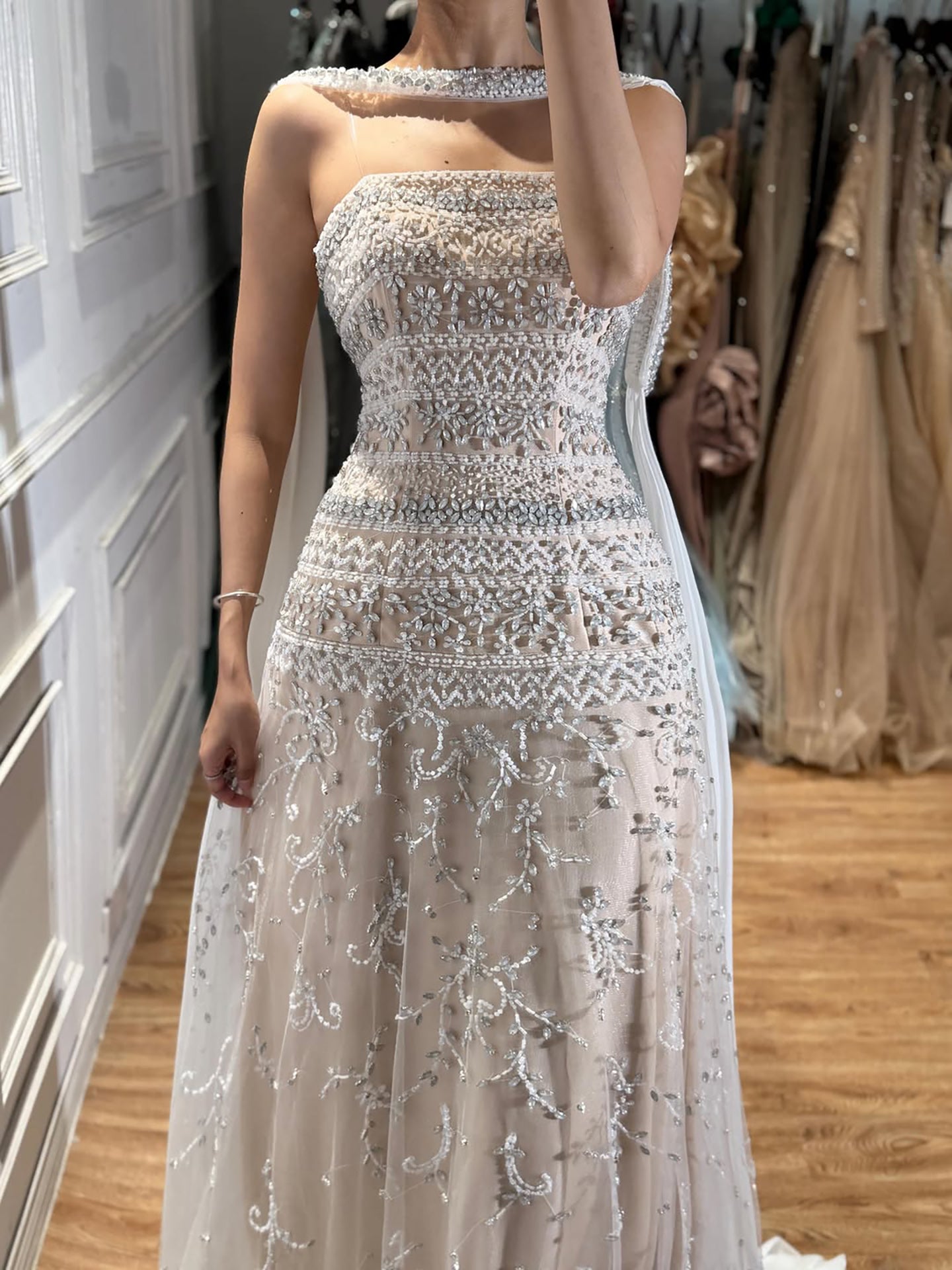 Luxury White Crystal Beaded Strapless Cape Evening Dress LA73334 SERENE HILL