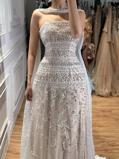 Luxury White Crystal Beaded Strapless Cape Evening Dress LA73334 SERENE HILL
