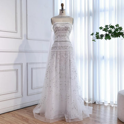 Luxury White Crystal Beaded Strapless Cape Evening Dress LA73334 - SERENE  HILL