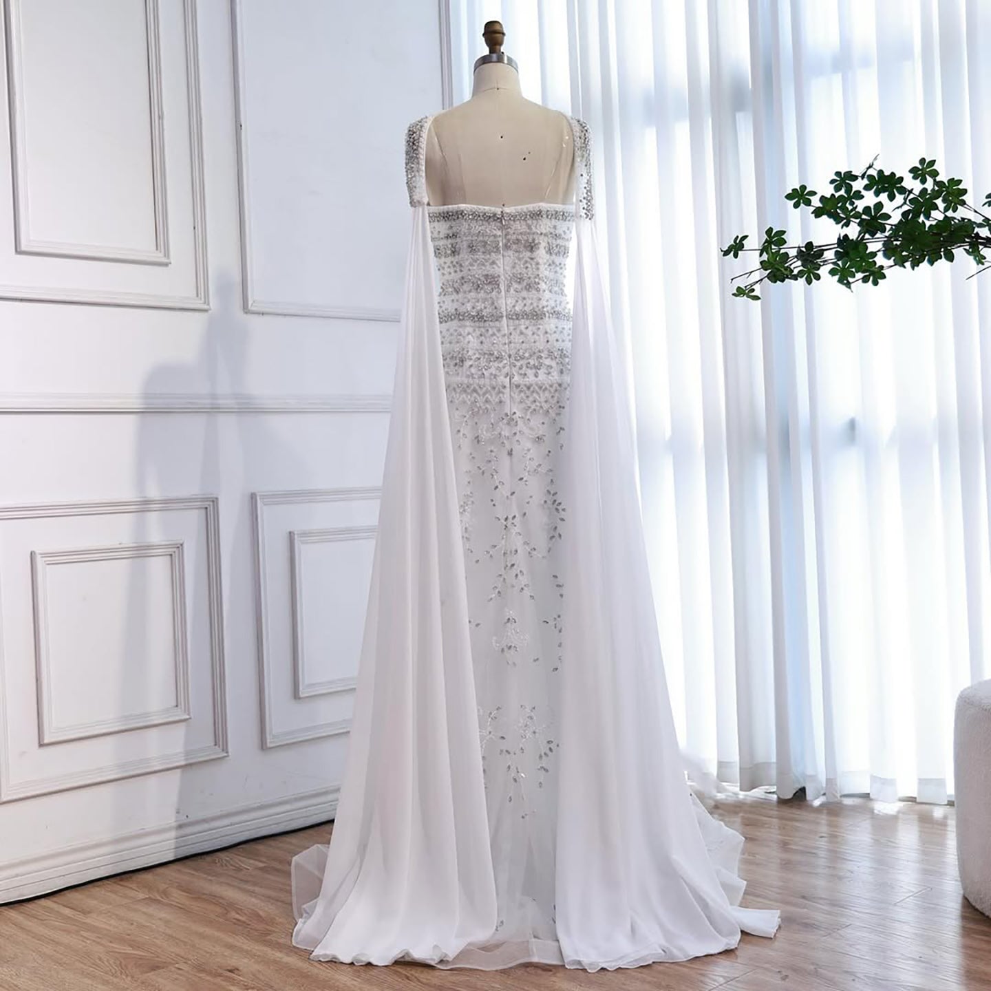 Luxury White Crystal Beaded Strapless Cape Evening Dress LA73334 - SERENE  HILL