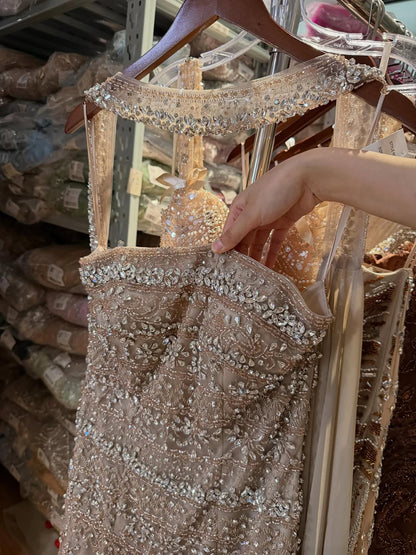 Luxury White Crystal Beaded Strapless Cape Evening Dress LA73334
