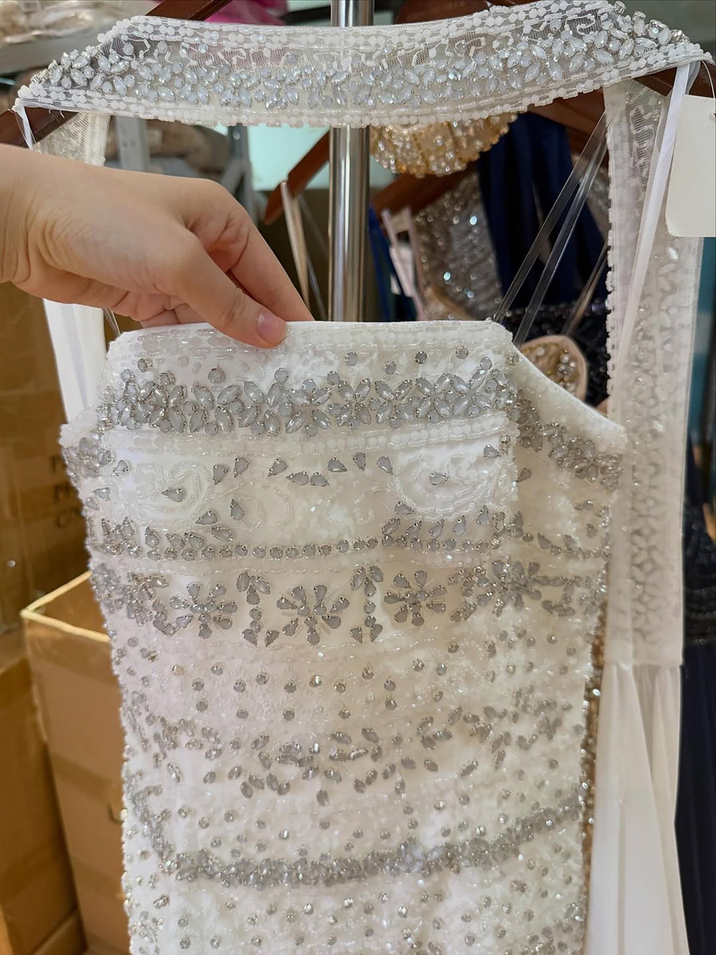 Luxury White Crystal Beaded Strapless Cape Evening Dress LA73334 - SERENE  HILL