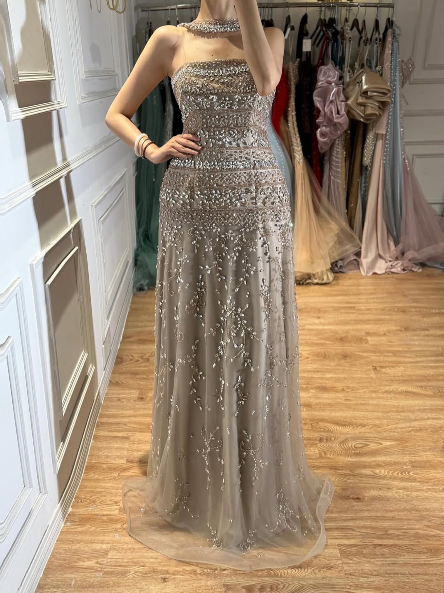Luxury White Crystal Beaded Strapless Cape Evening Dress LA73334