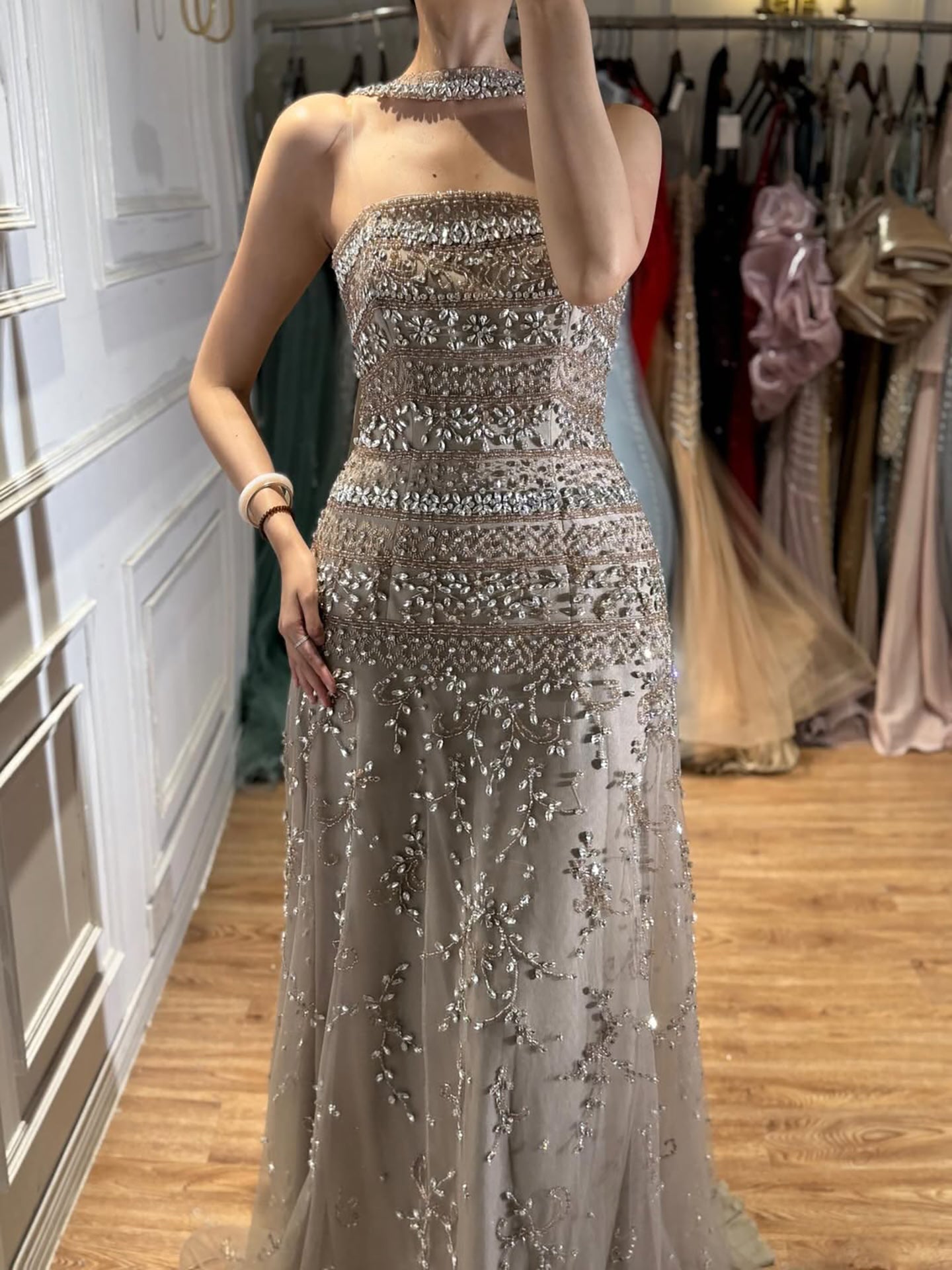 Luxury White Crystal Beaded Strapless Cape Evening Dress LA73334
