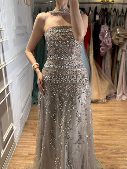 Luxury White Crystal Beaded Strapless Cape Evening Dress LA73334