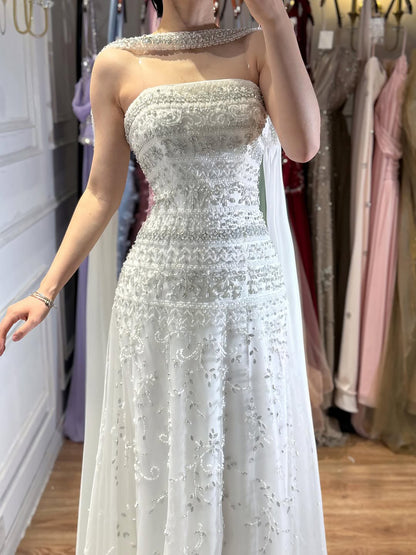Luxury White Crystal Beaded Strapless Cape Evening Dress LA73334 - SERENE  HILL