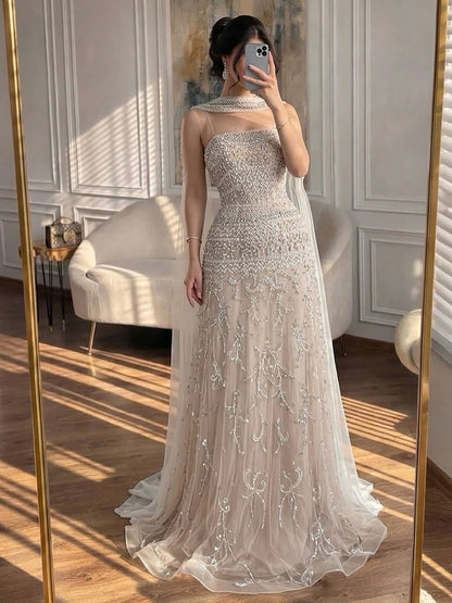 Luxury White Crystal Beaded Strapless Cape Evening Dress LA73334 SERENE HILL