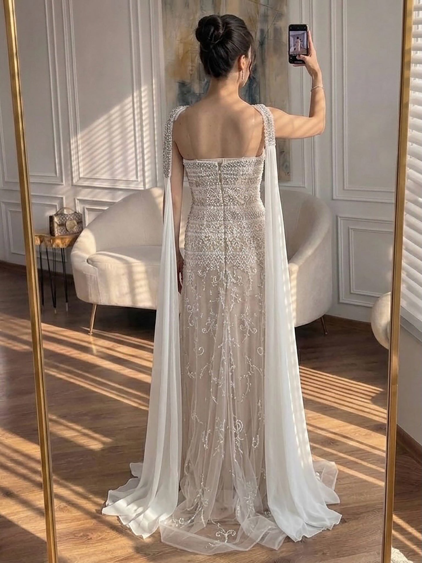 Luxury White Crystal Beaded Strapless Cape Evening Dress LA73334 SERENE HILL