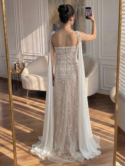 Luxury White Crystal Beaded Strapless Cape Evening Dress LA73334 SERENE HILL