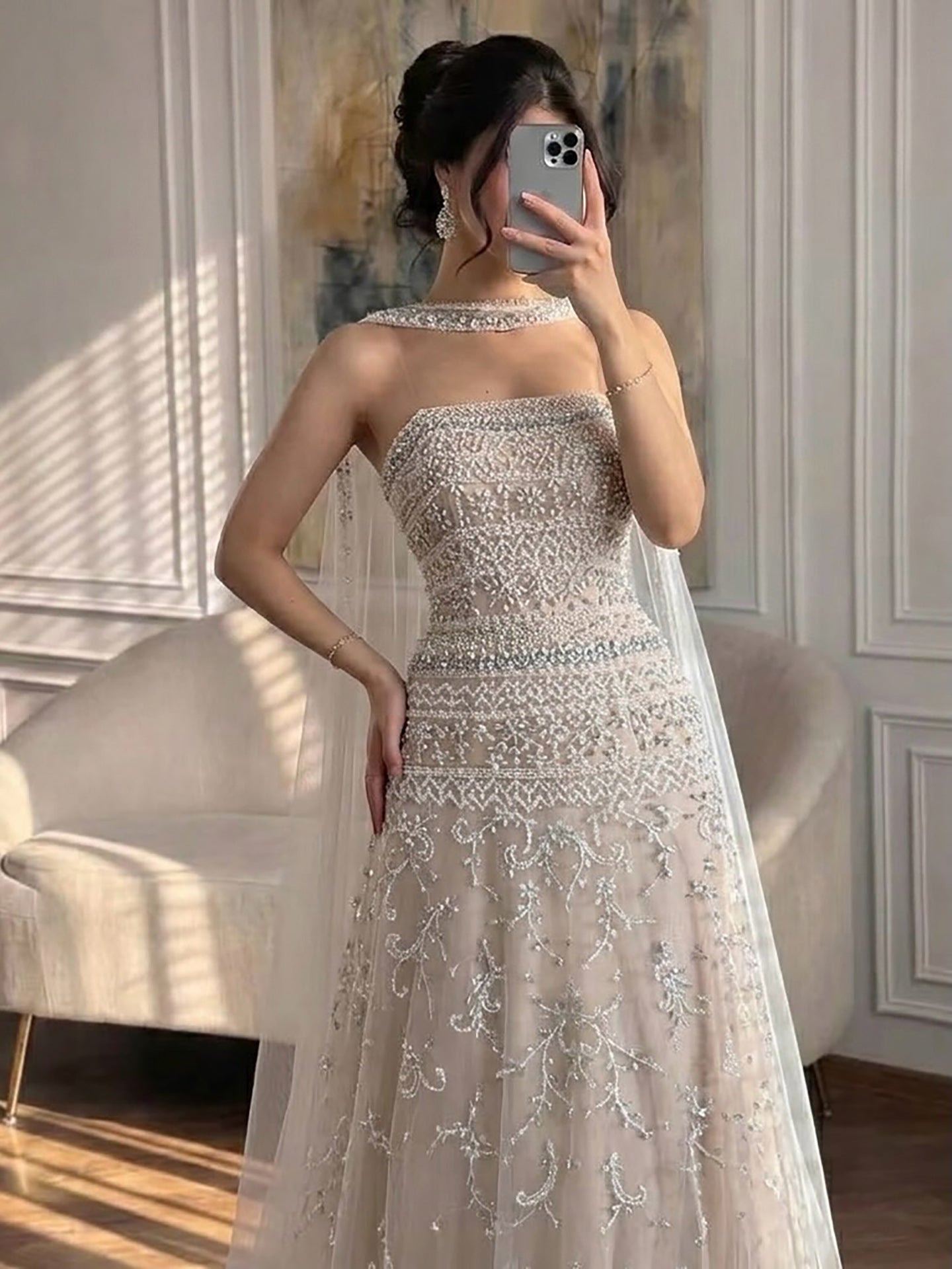 Luxury White Crystal Beaded Strapless Cape Evening Dress LA73334 SERENE HILL
