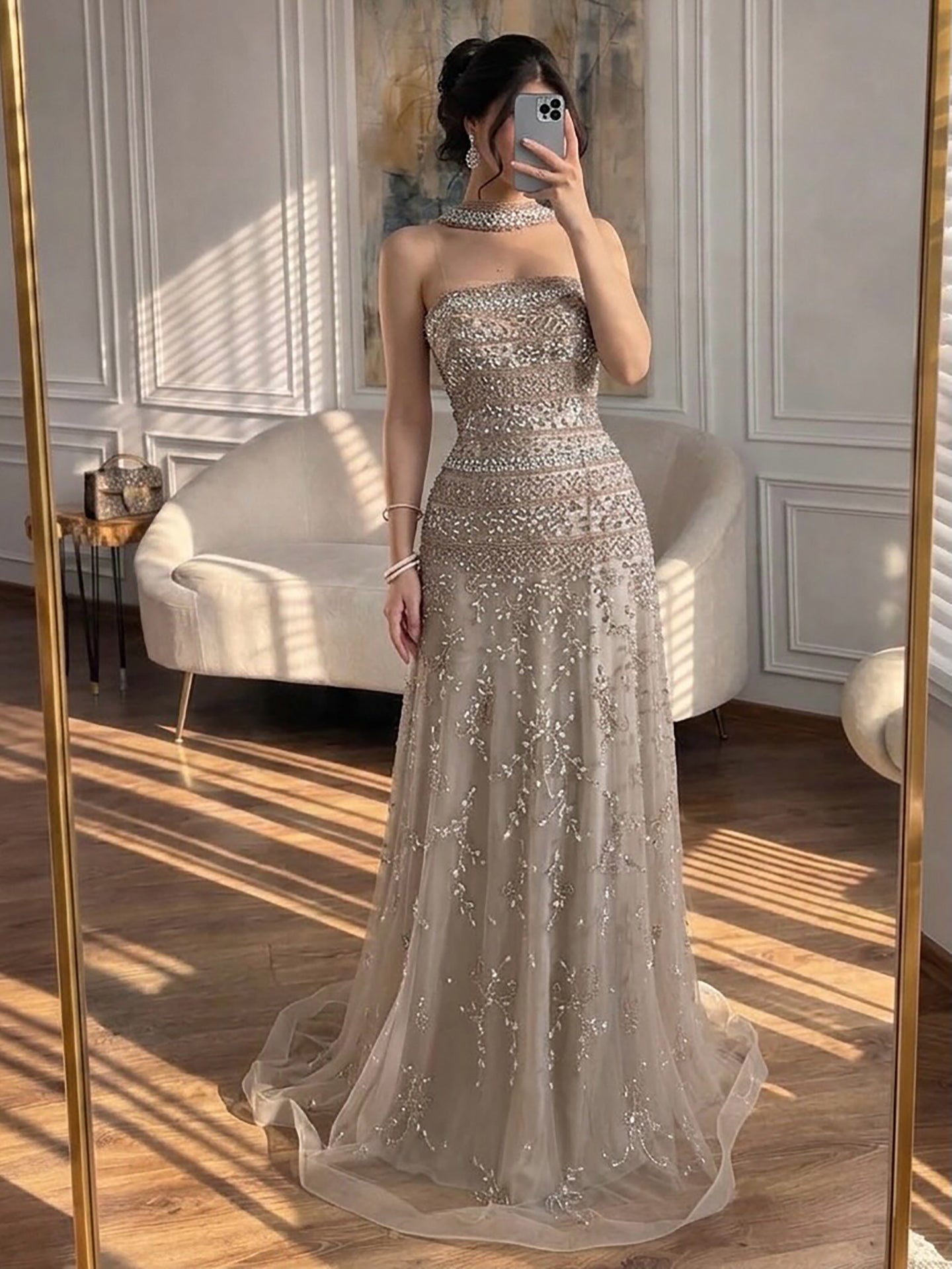 Luxury White Crystal Beaded Strapless Cape Evening Dress LA73334
