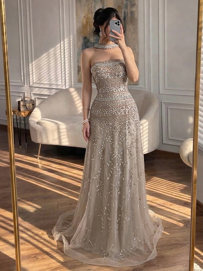 Luxury White Crystal Beaded Strapless Cape Evening Dress LA73334