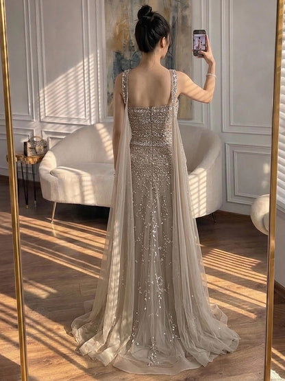 Luxury White Crystal Beaded Strapless Cape Evening Dress LA73334