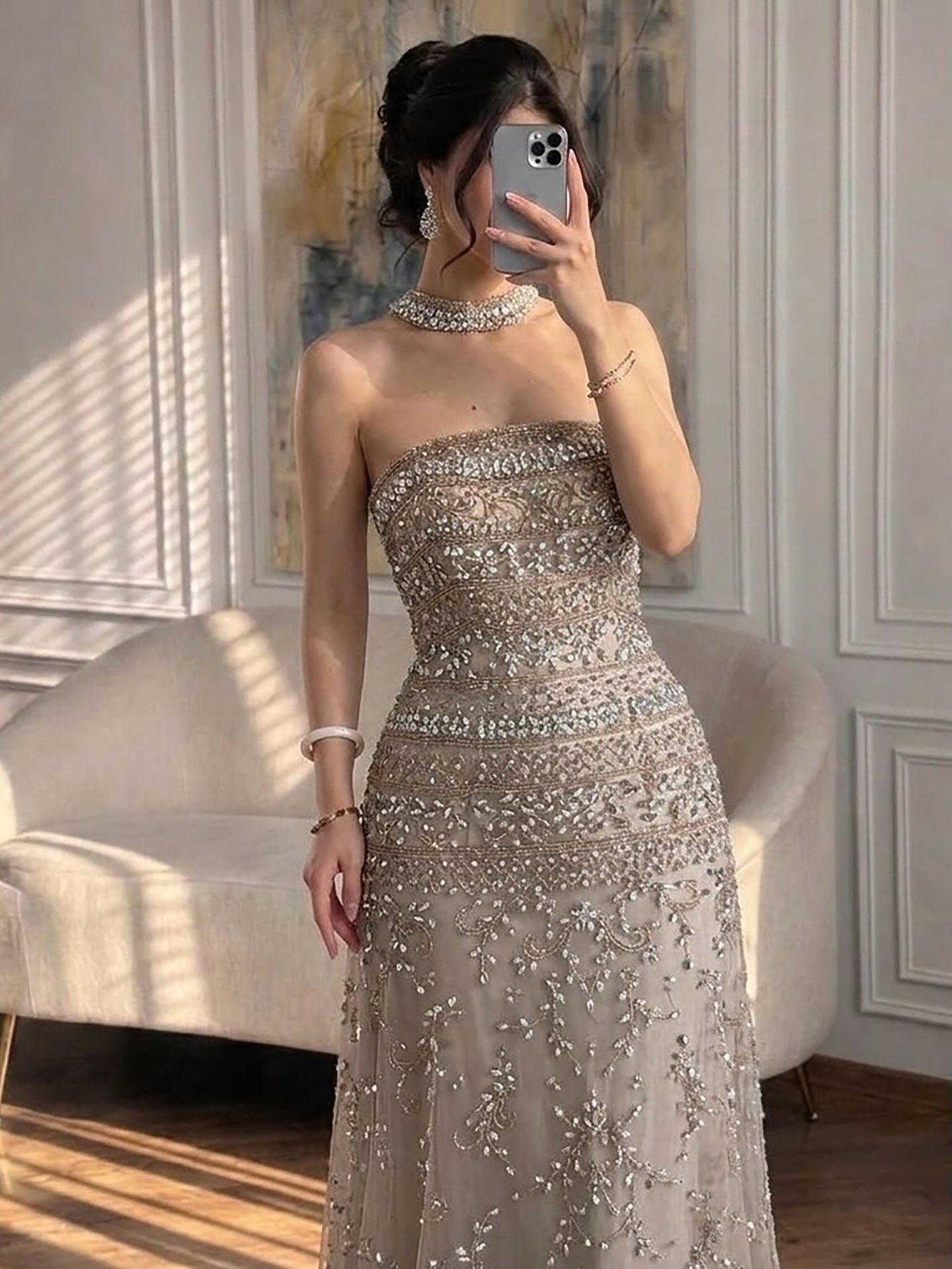Luxury White Crystal Beaded Strapless Cape Evening Dress LA73334