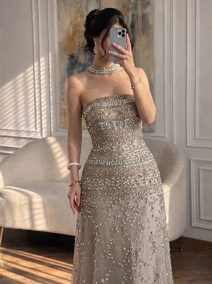 Luxury White Crystal Beaded Strapless Cape Evening Dress LA73334