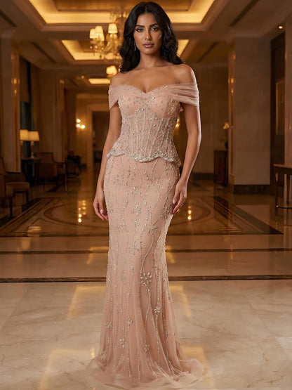 Luxury Nude Beaded Mermaid Evening Dress LA73336 - SERENE  HILL