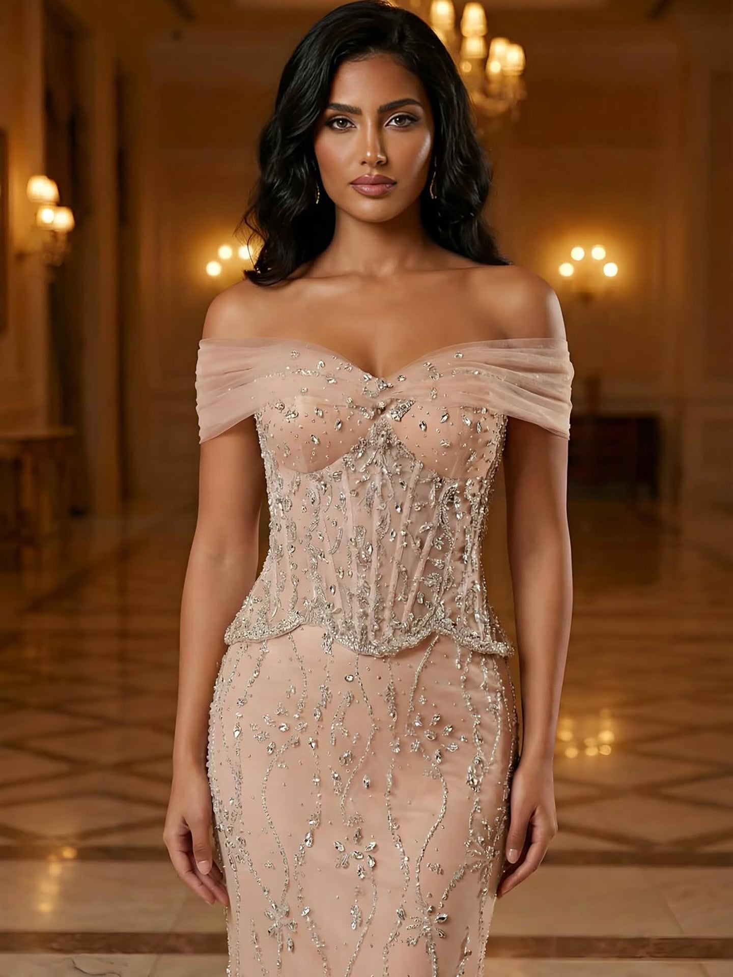 Luxury Nude Beaded Mermaid Evening Dress LA73336 - SERENE  HILL
