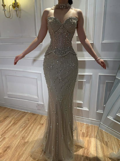 Luxury Nude Beaded Mermaid Evening Dress LA73336 - SERENE  HILL