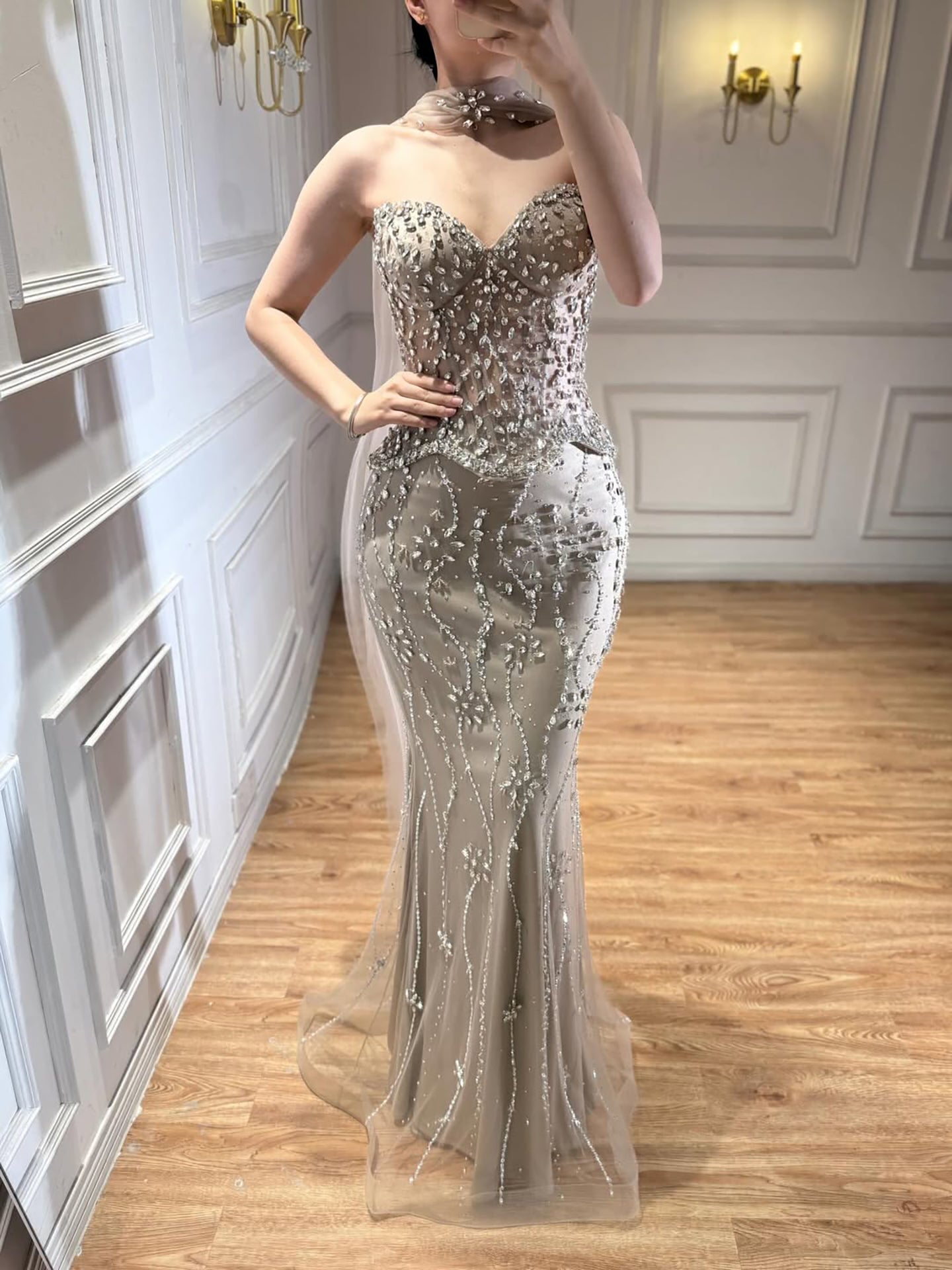 Luxury Nude Beaded Mermaid Evening Dress LA73336