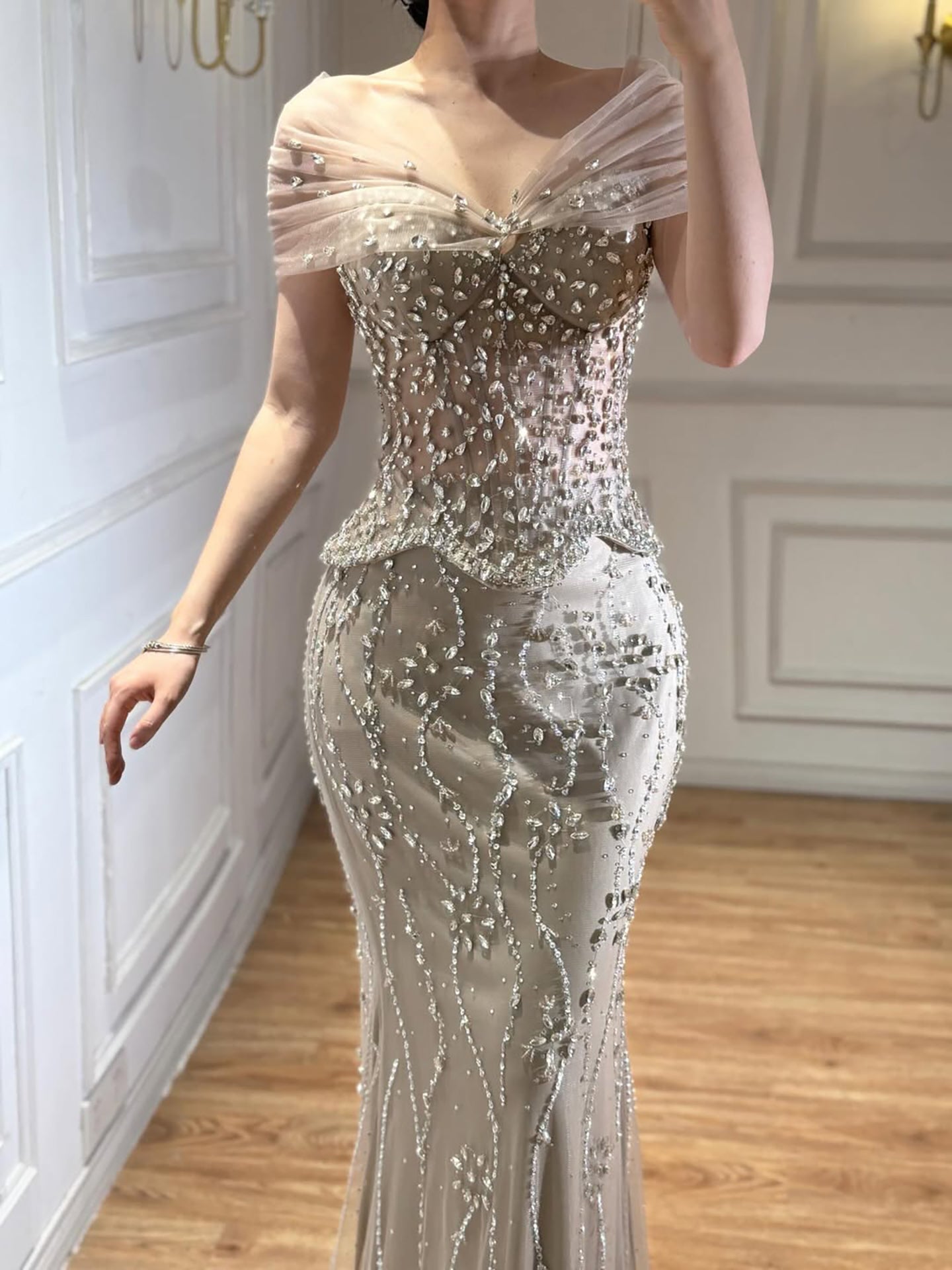 Luxury Nude Beaded Mermaid Evening Dress LA73336