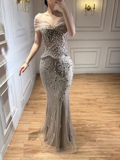 Luxury Nude Beaded Mermaid Evening Dress LA73336