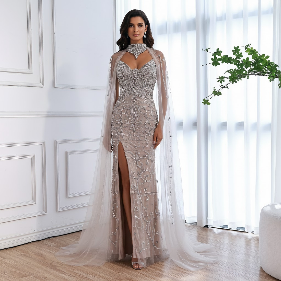 Luxury Sexy Split Evening Dress With Cape Nude LA73339 - SERENE HILL