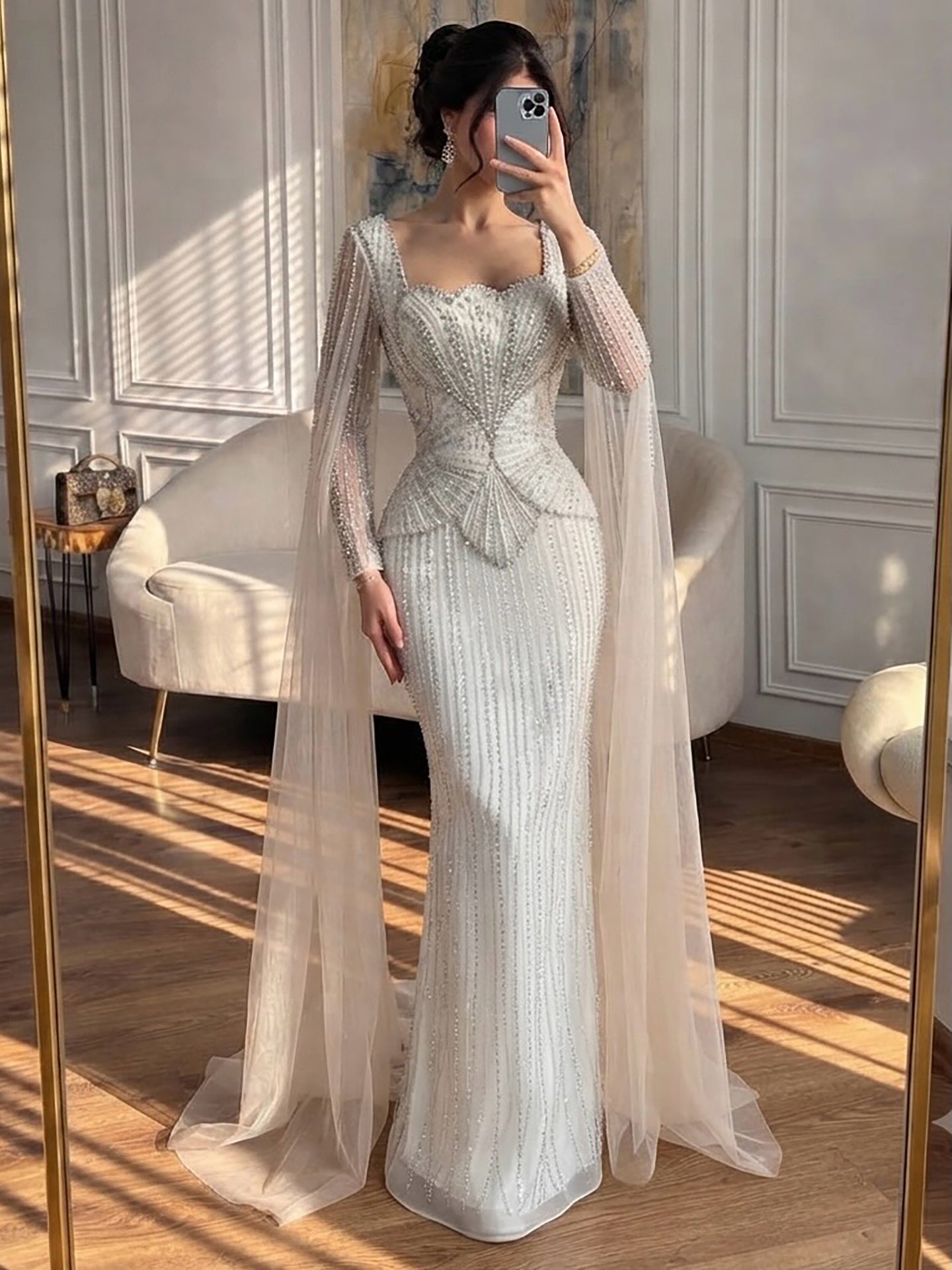 Luxury White Crystal Beaded Mermaid Gown with Split Cape Sleeves LA7333B SERENE HILL