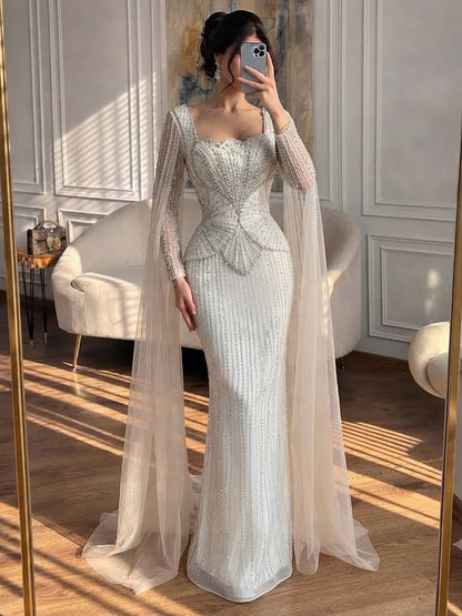 Luxury White Crystal Beaded Mermaid Gown with Split Cape Sleeves LA7333B SERENE HILL