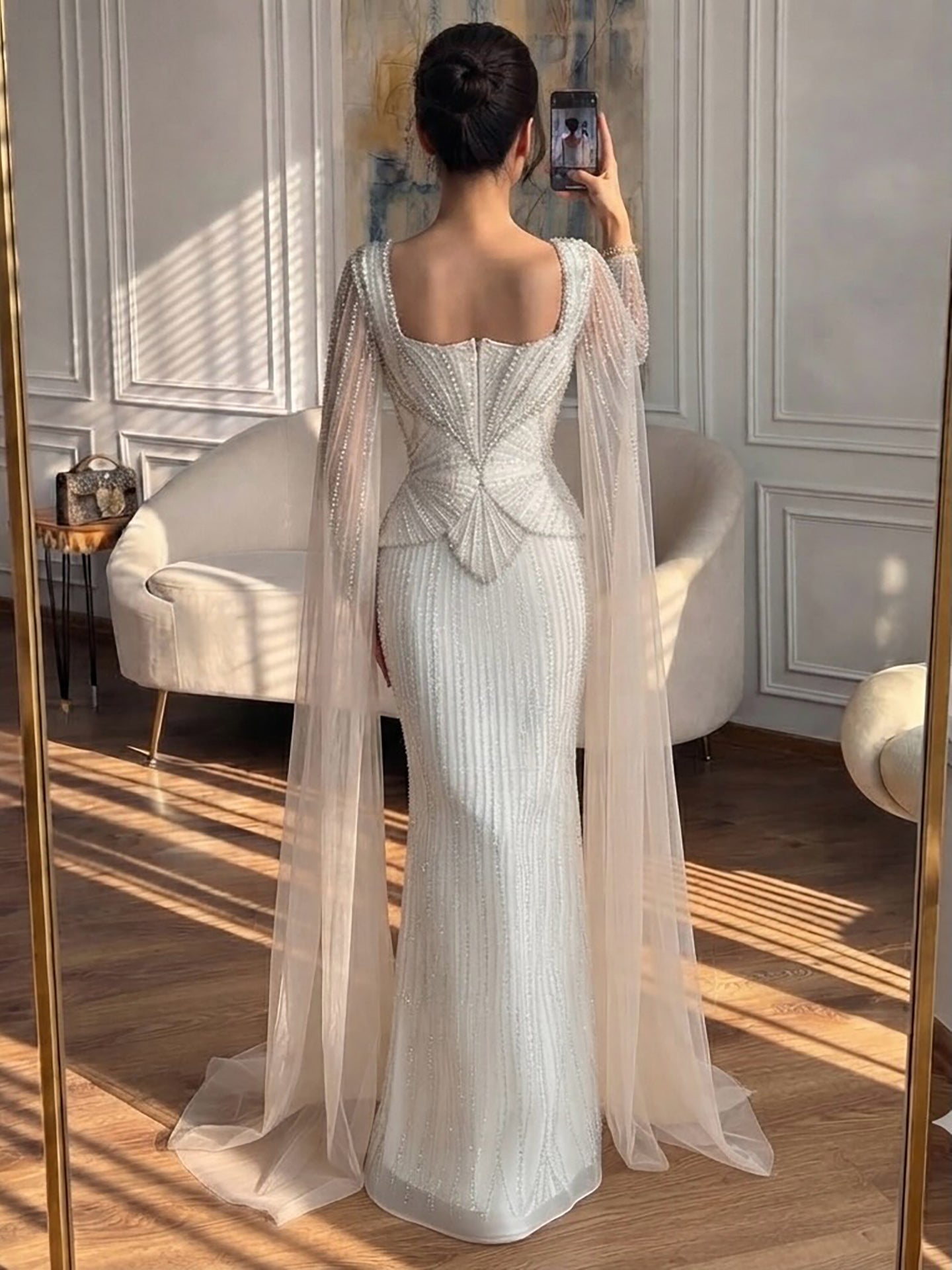 Luxury White Crystal Beaded Mermaid Gown with Split Cape Sleeves LA7333B SERENE HILL