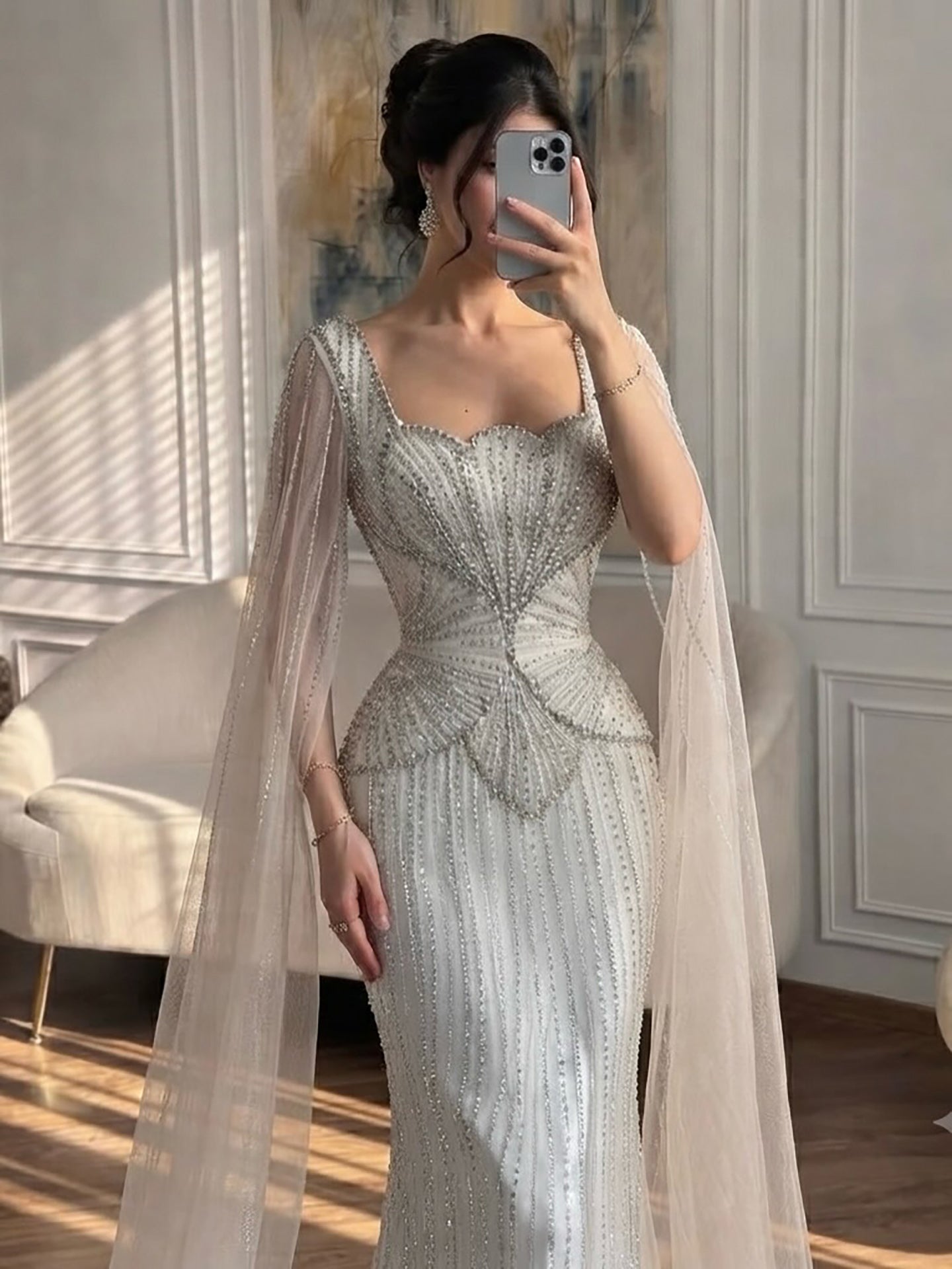 Luxury White Crystal Beaded Mermaid Gown with Split Cape Sleeves LA7333B SERENE HILL