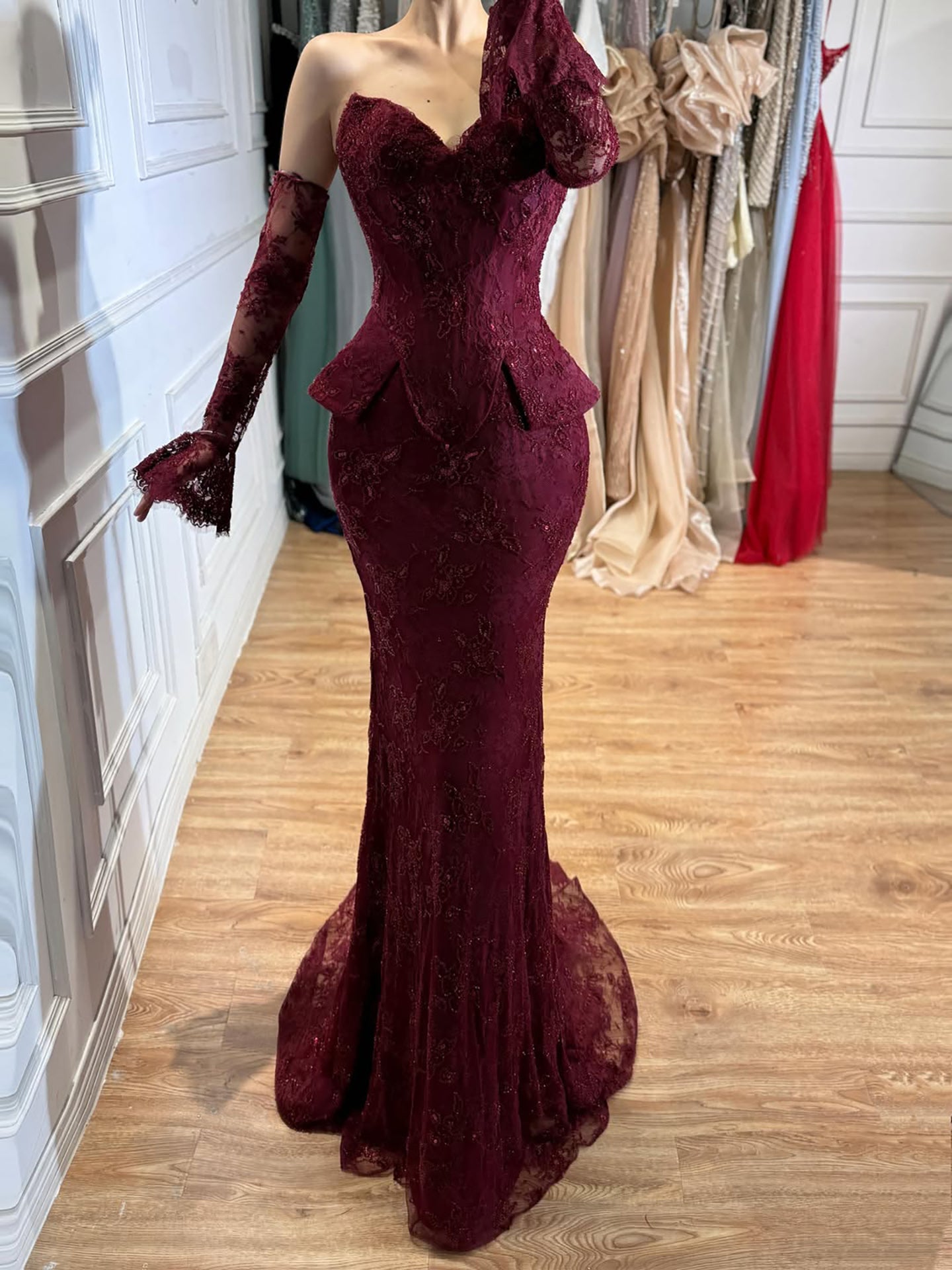 Luxury Wine Red Lace Beaded Mermaid Evening Dress LA73341 SERENE HILL