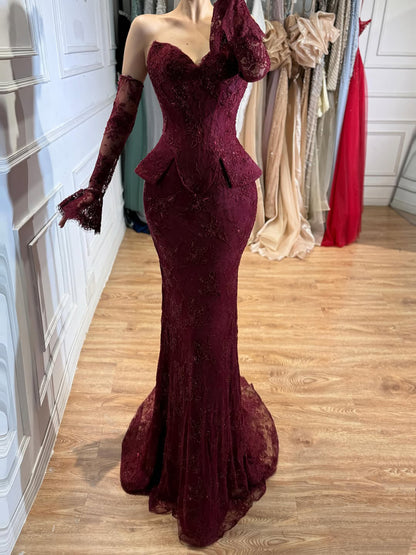 Luxury Wine Red Lace Beaded Mermaid Evening Dress LA73341 SERENE HILL