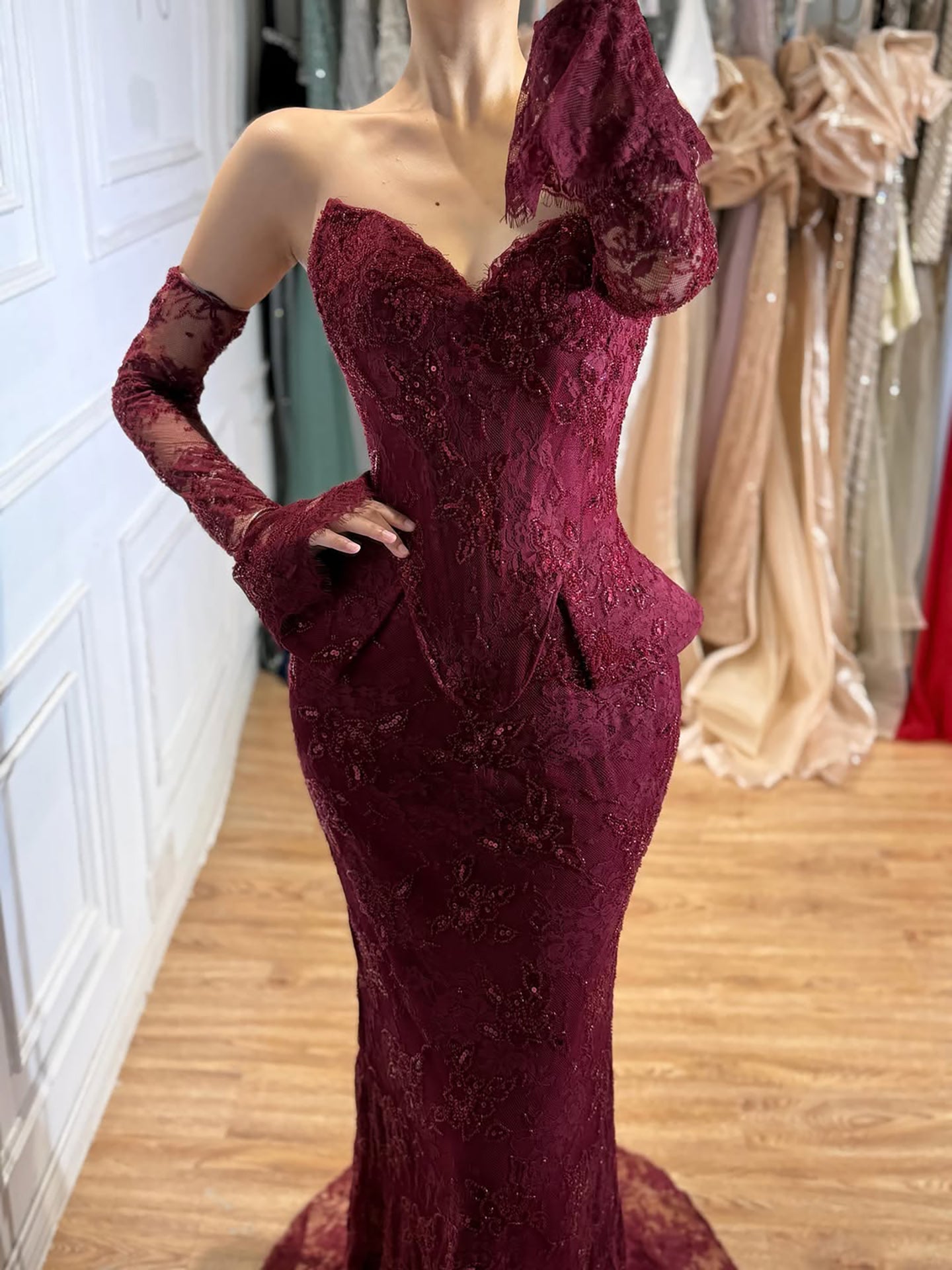Luxury Wine Red Lace Beaded Mermaid Evening Dress LA73341 SERENE HILL