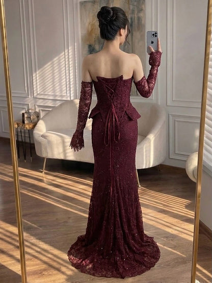 Luxury Wine Red Lace Beaded Mermaid Evening Dress LA73341 SERENE HILL