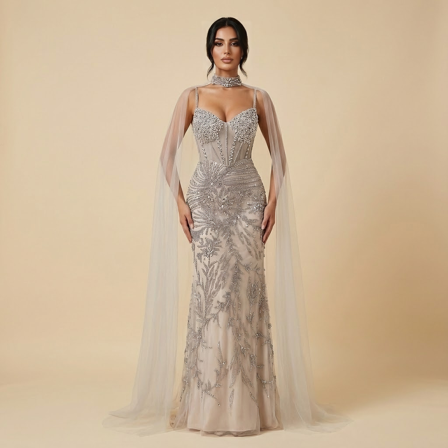 Luxury Evening Dress Grey Beaded With Cape Prom Gown LA73342 - SERENE HILL