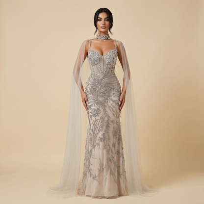 Luxury Evening Dress Grey Beaded With Cape Prom Gown LA73342 - SERENE HILL