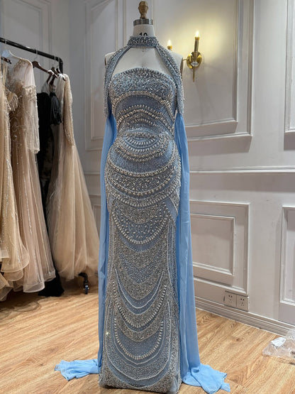 Luxury Modest Caramel Kosovo Beaded Evening Dress with Cape LA73344