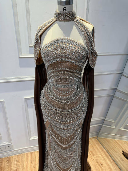 Luxury Caramel Kosovo Beaded Evening Dress with Cape LA73344 SERENE HILL