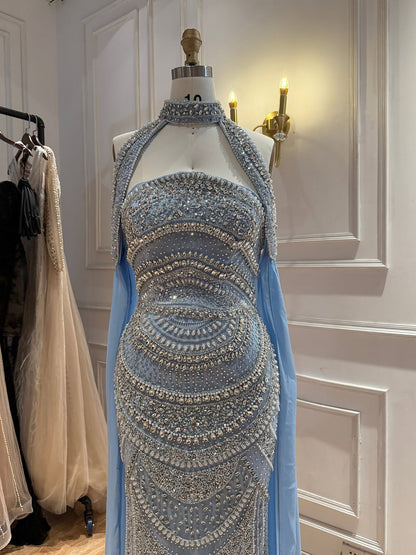 Luxury Modest Caramel Kosovo Beaded Evening Dress with Cape LA73344