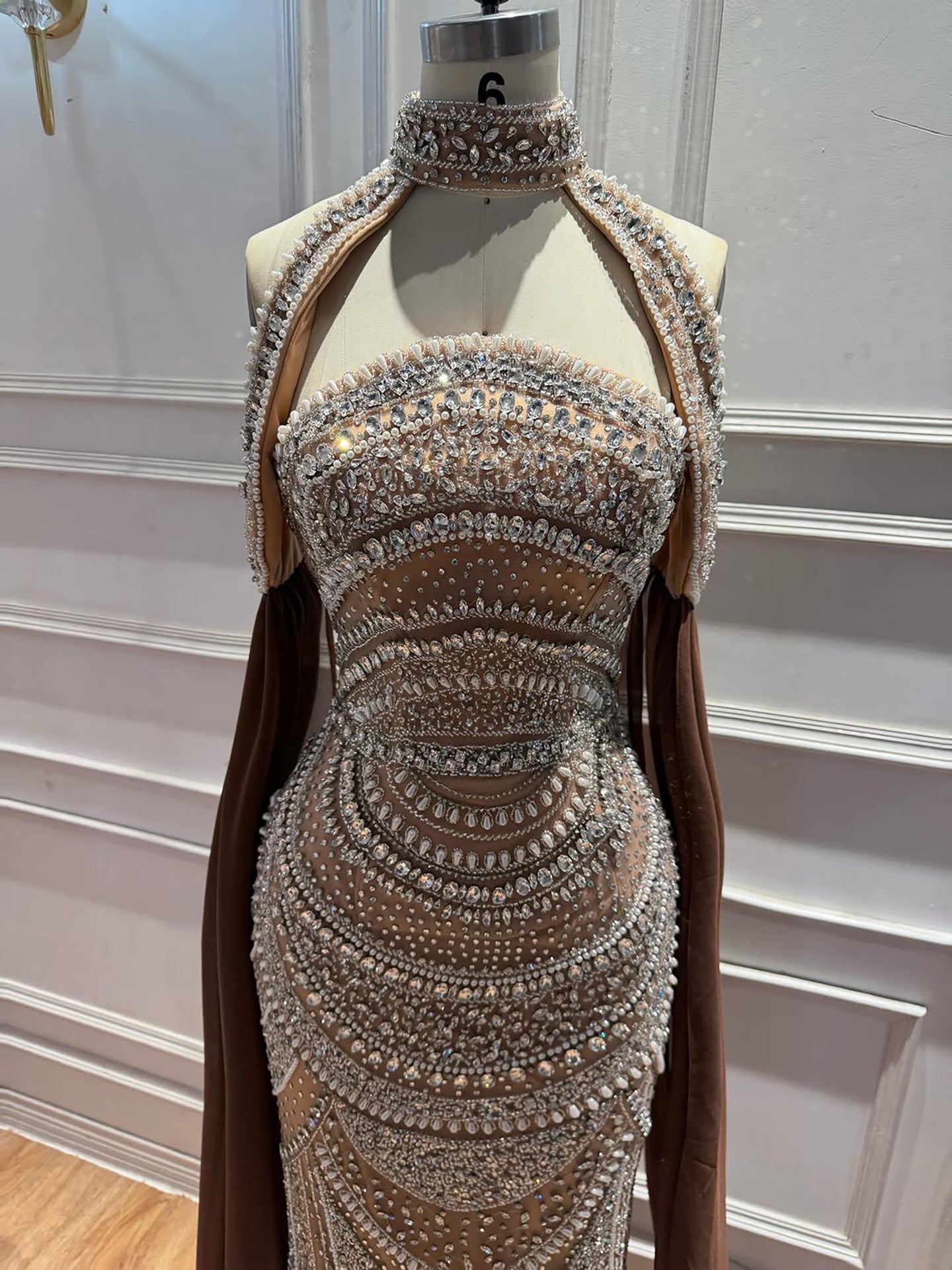 Luxury Caramel Kosovo Beaded Evening Dress with Cape LA73344 SERENE HILL
