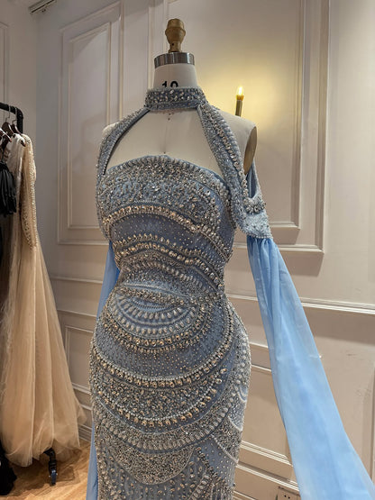 Luxury Modest Caramel Kosovo Beaded Evening Dress with Cape LA73344