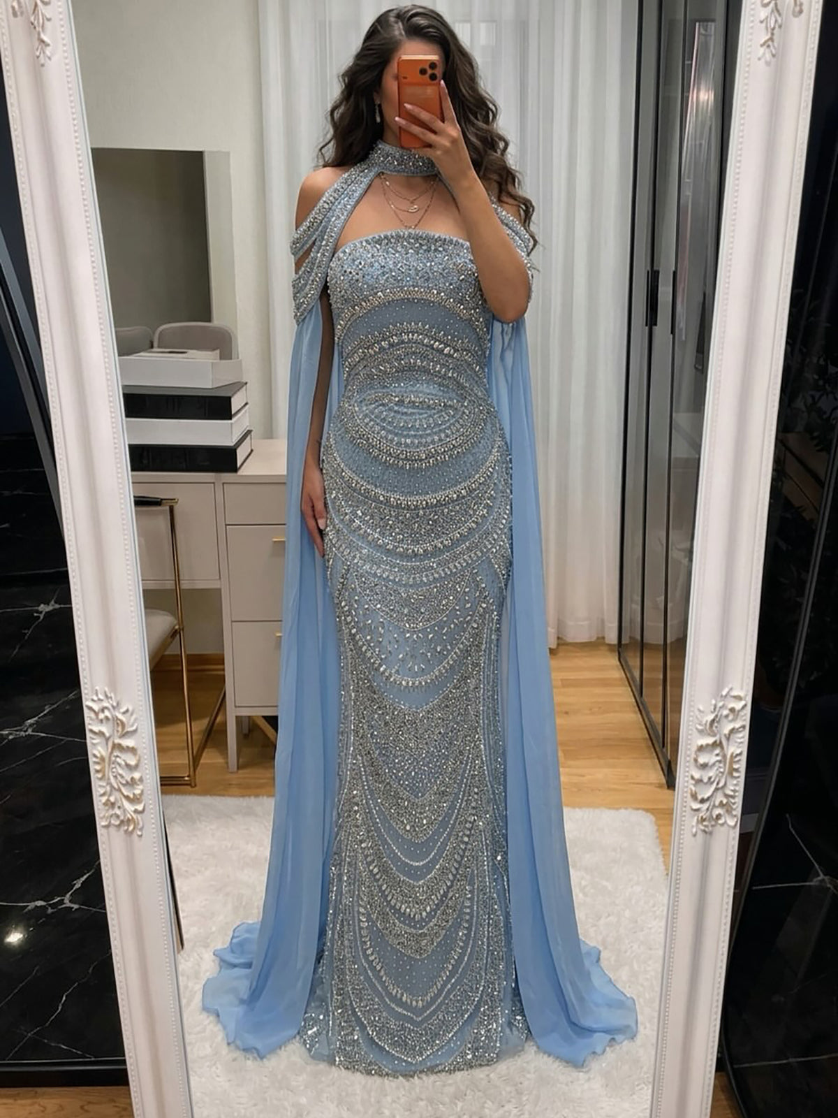 Luxury Modest Caramel Kosovo Beaded Evening Dress with Cape LA73344