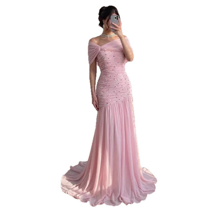 Luxury Pink Chiffon Beaded A-Line Evening Dress with Sheer Cape LA73347 - SERENE  HILL